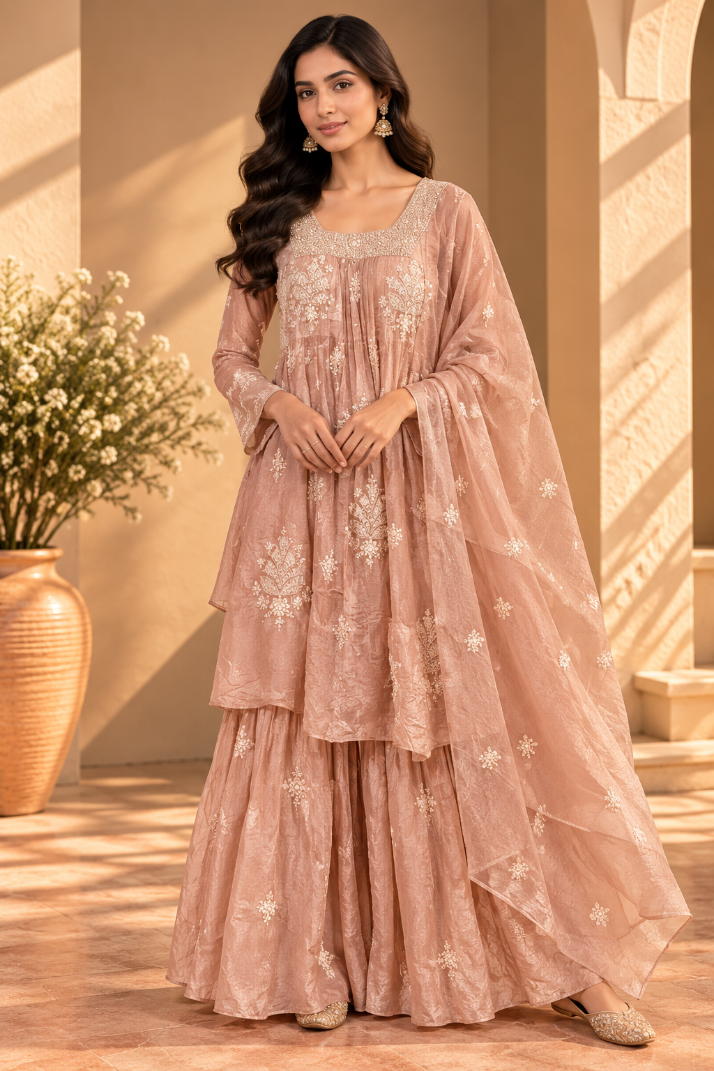 Dusty Mauve Crushed Tissue Anarkali Sharara Set Main image