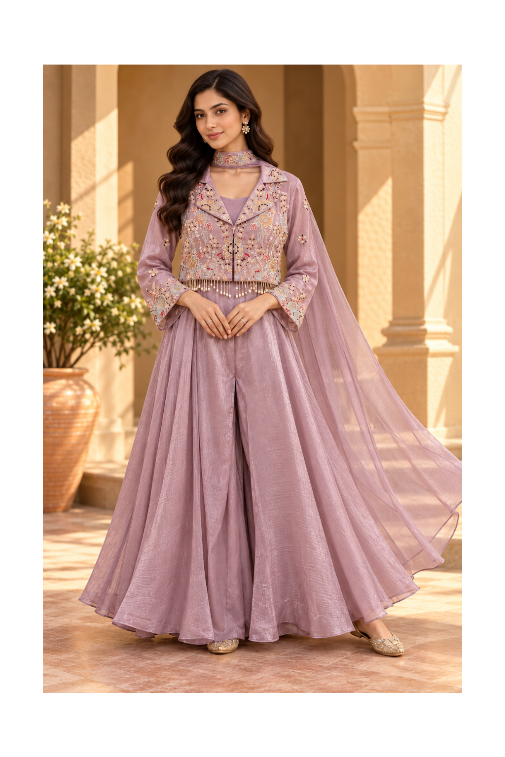 Dusty Mauve Jacket-Overlay Sharara Cape Set