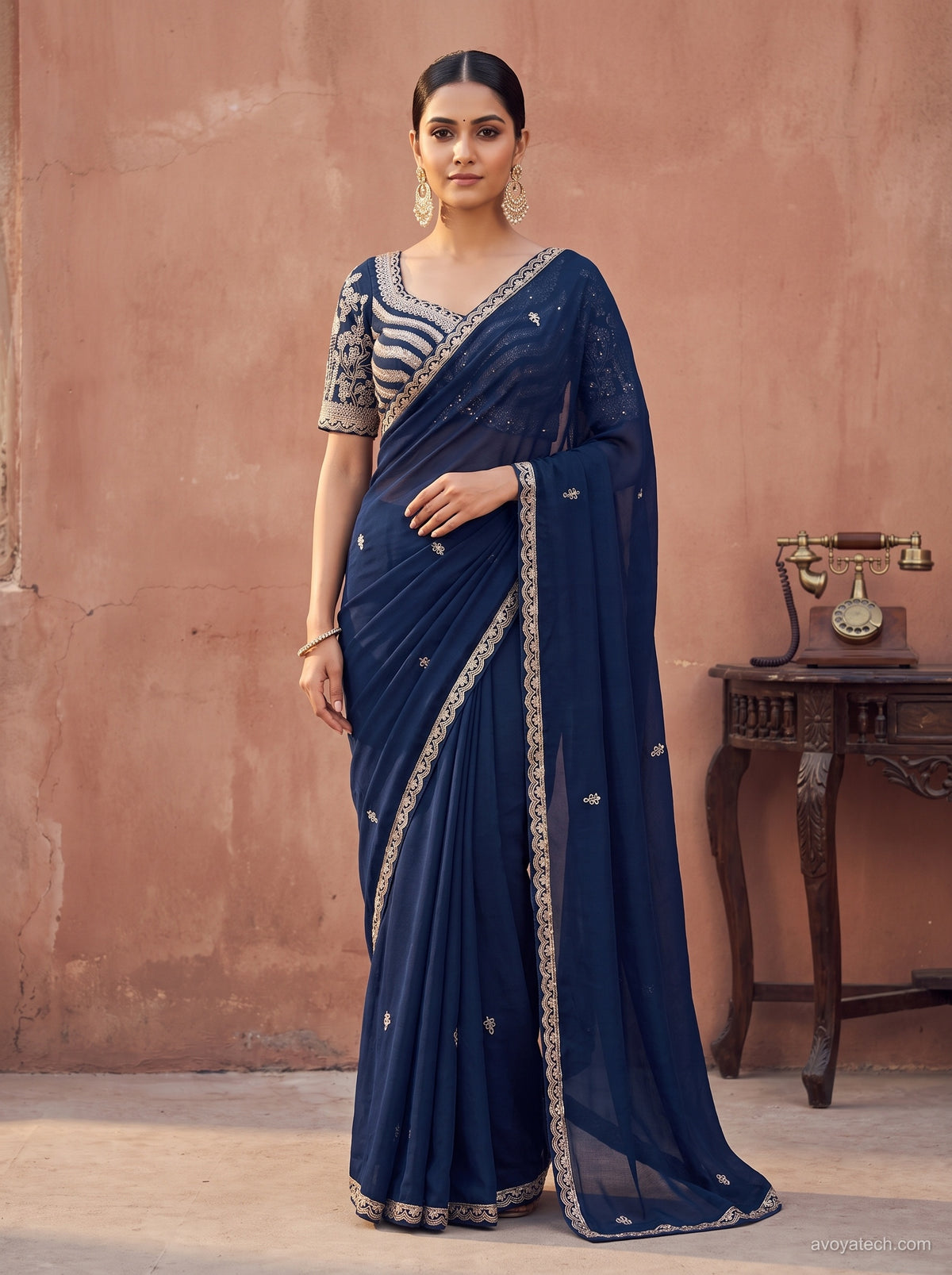 Navy Blue Soft Fabric Saree with Elegant Silver Embroidery Main image