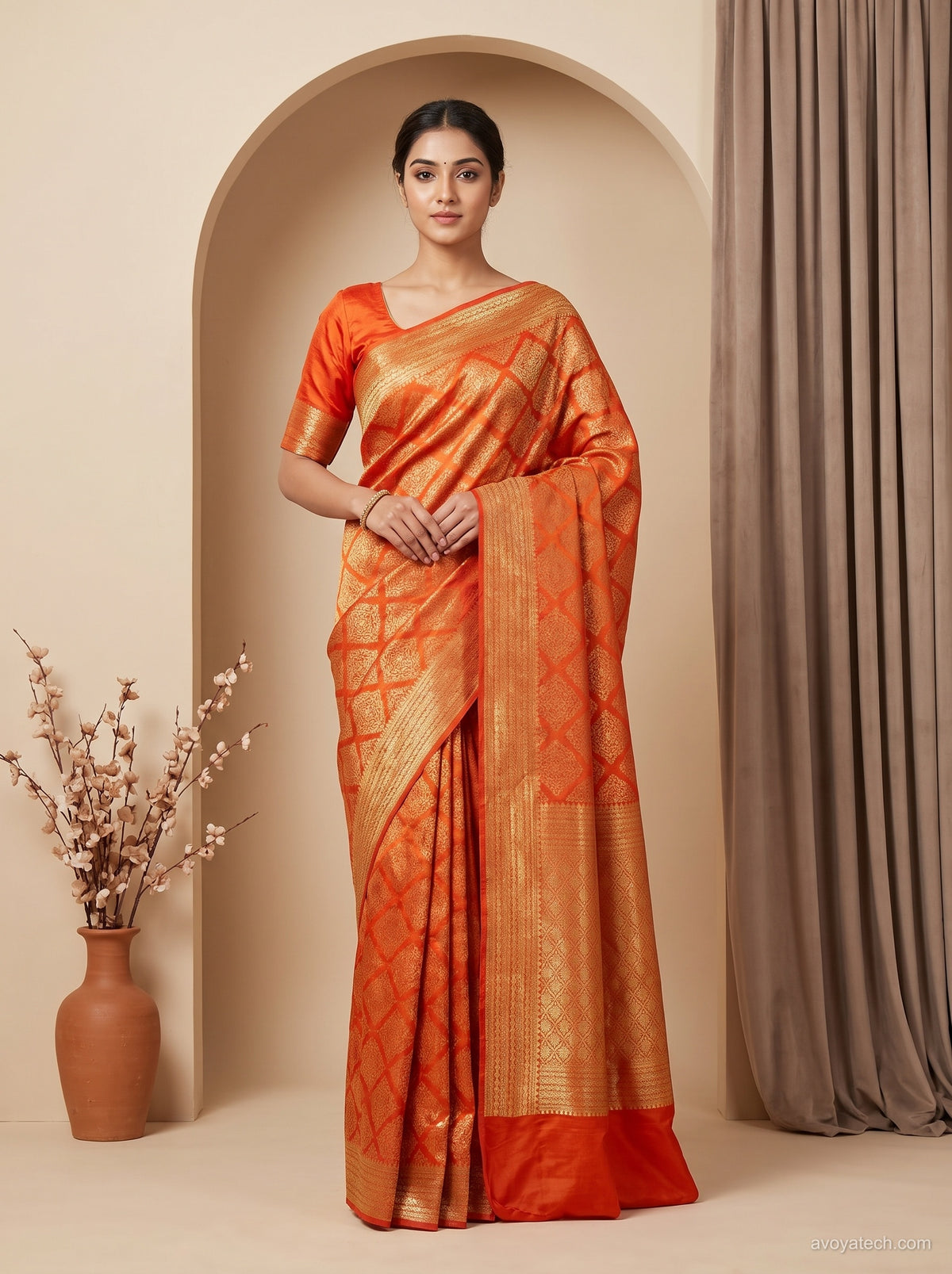 Rust Orange Banarasi Silk Saree with Golden Zari Diamond Jaal Main image