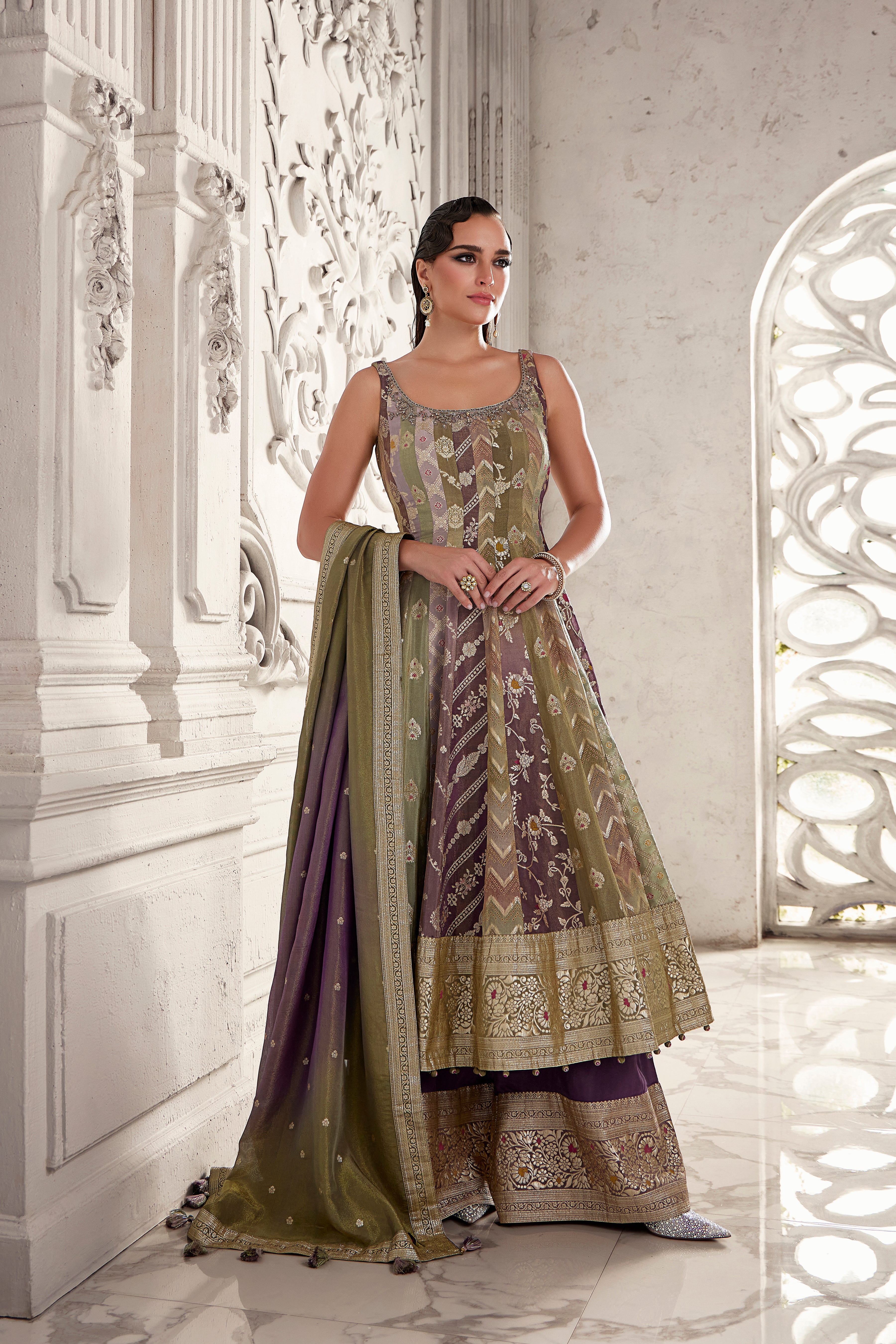 Earthy Panel Anarkali Suit with Brocade and Gold Work (TARA M-24) Main image