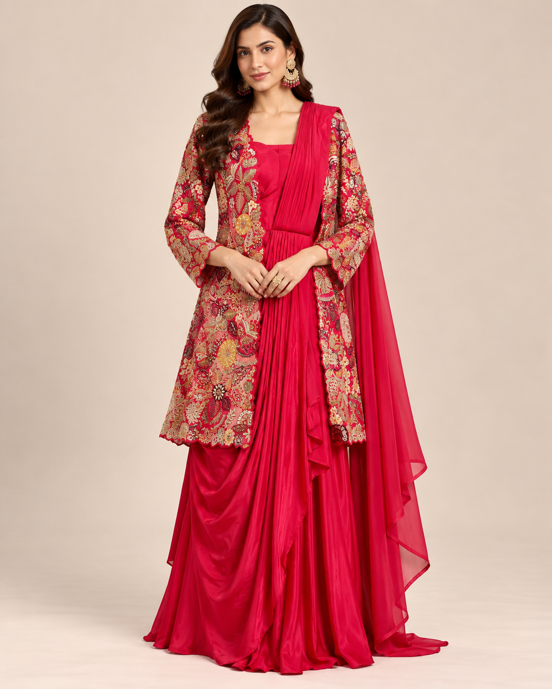 Cerise Red Embroidered Jacket Draped Gown Set Main image