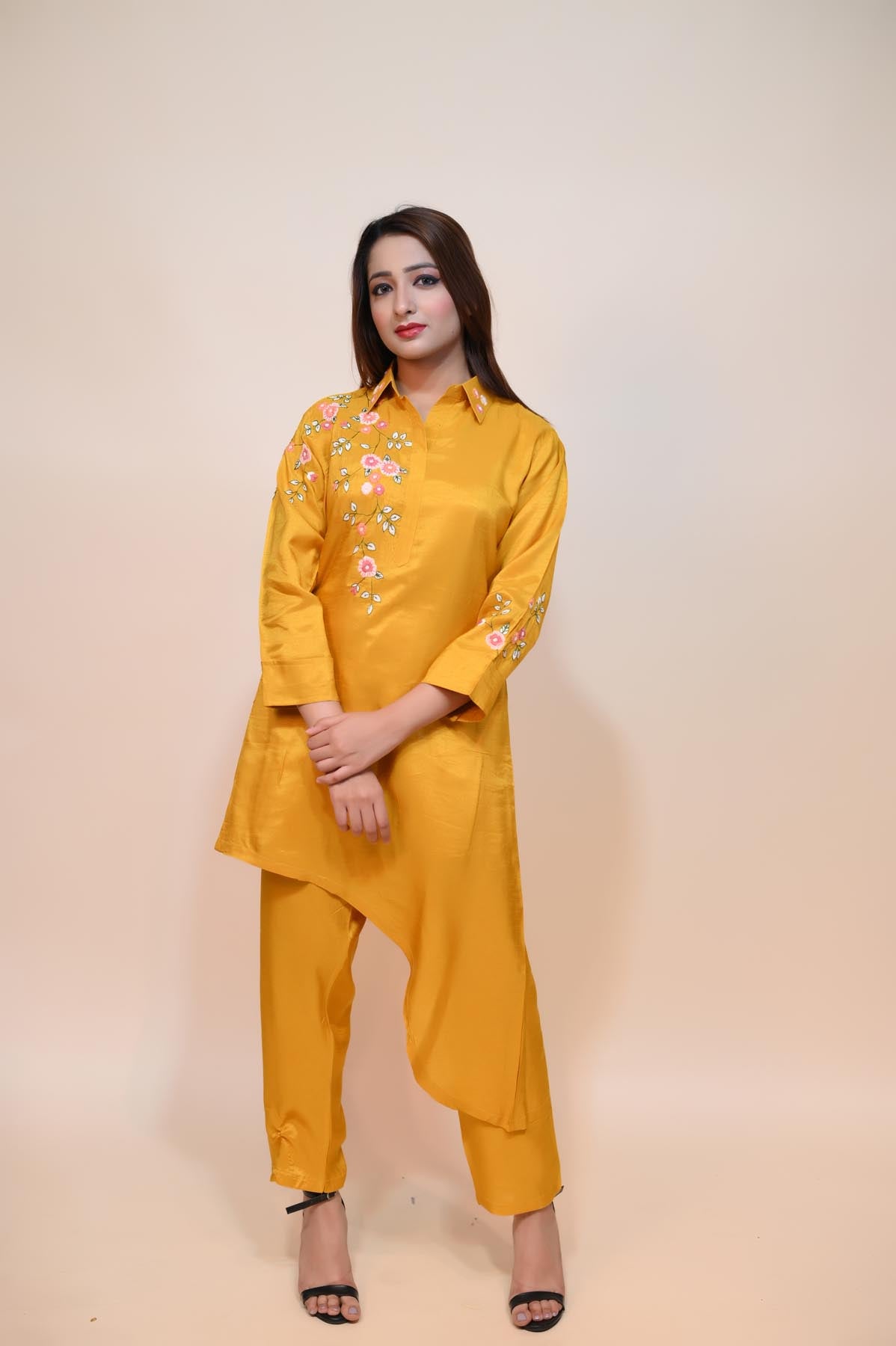 full front look of yellow silk blend dress