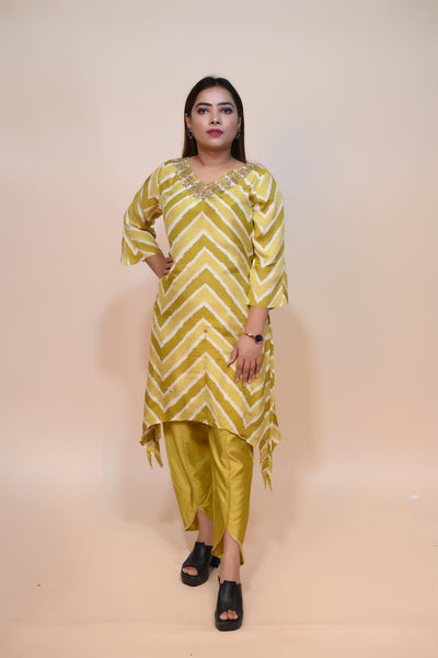 full front look of yellow muslin suit