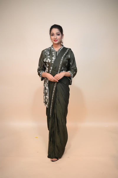 full front look of mehndi green silk dress