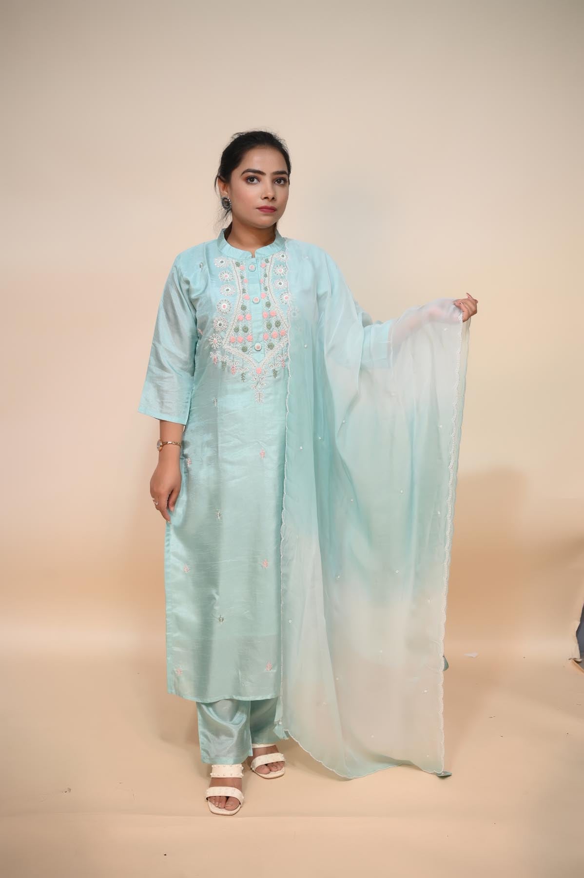 full front look of sky blue silk blend suit