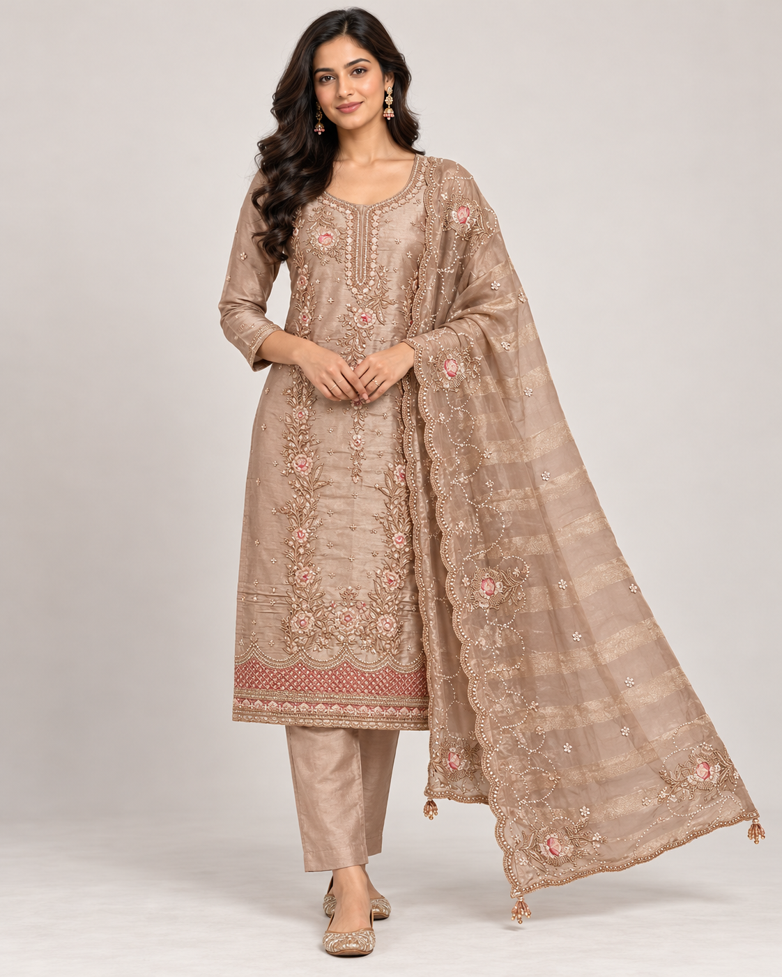Taupe Floral Suit Fabric