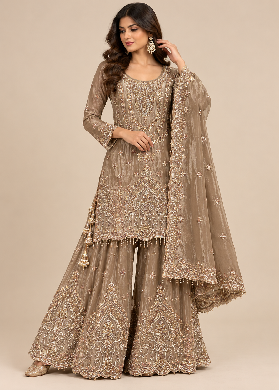 Taupe Embellished Palazzo Suit with Dupatt Main image