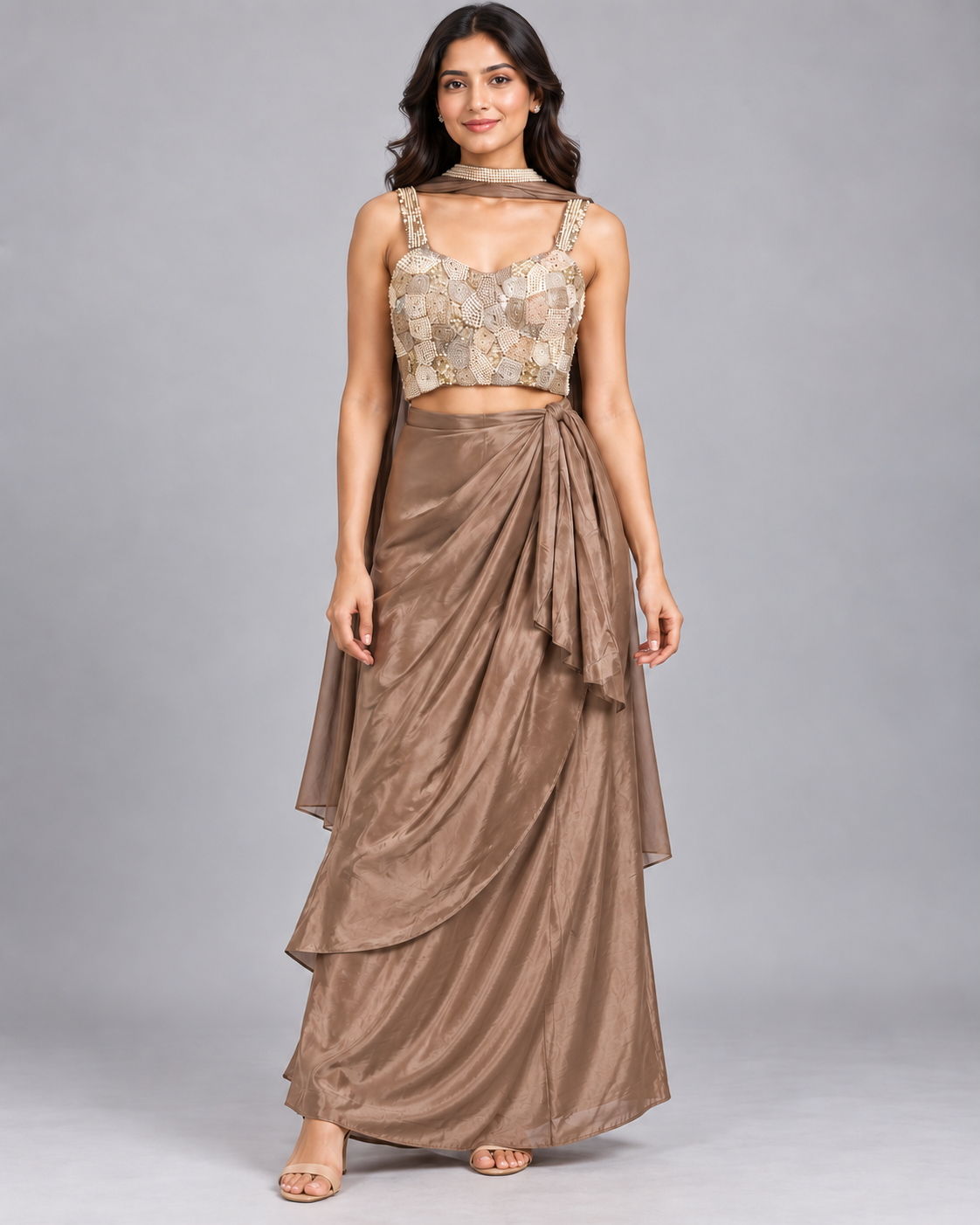 Brown Draped Indo-Western Set with Embellished Crop Top