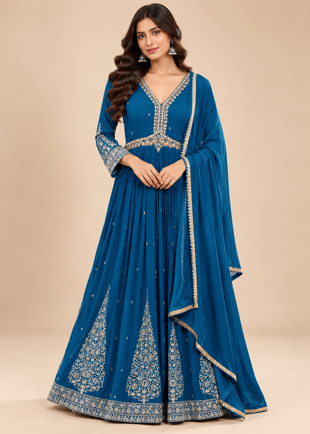 Royal Blue Embroidered Anarkali Gown Set Main image