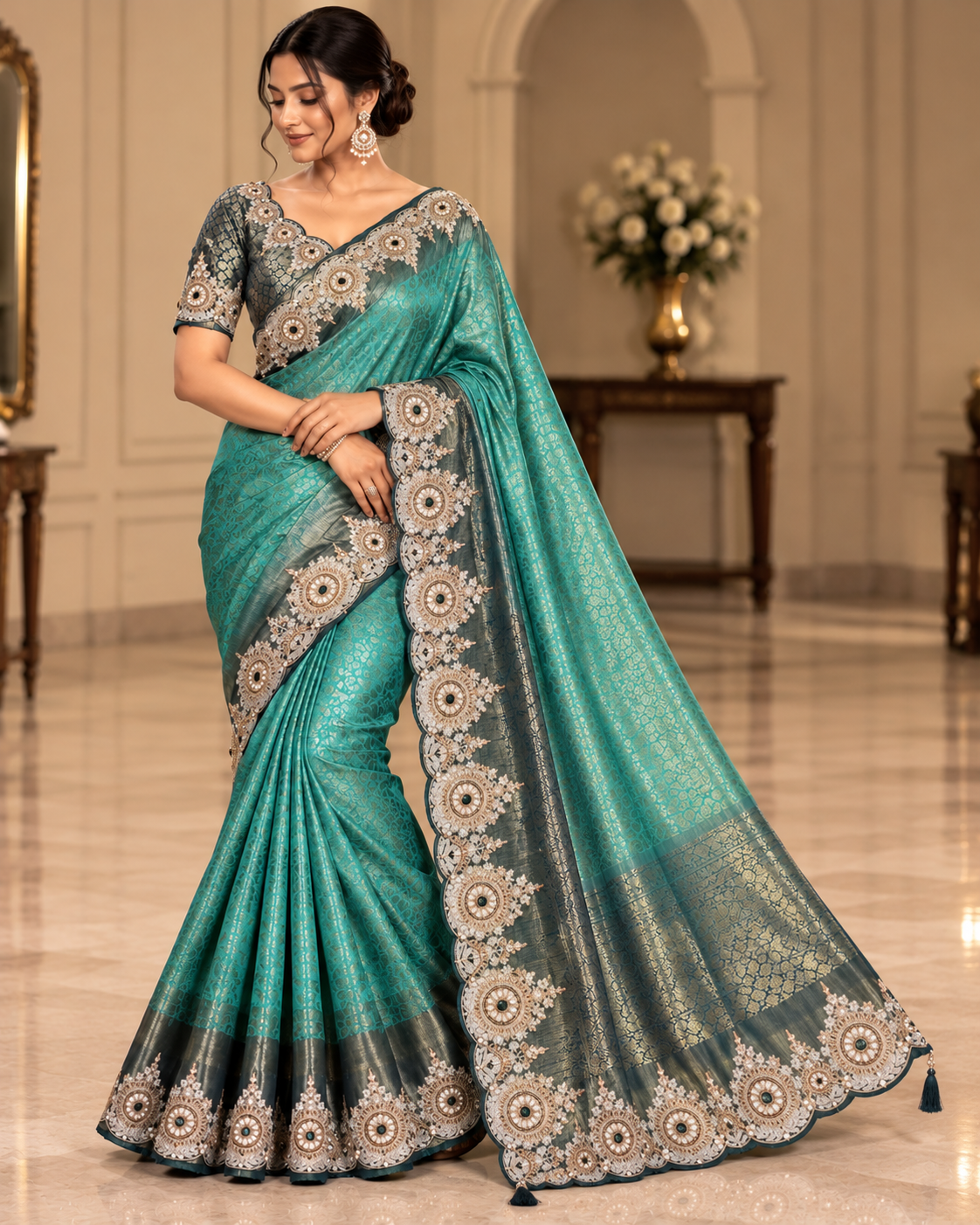 Elegent Teal Brocade Saree