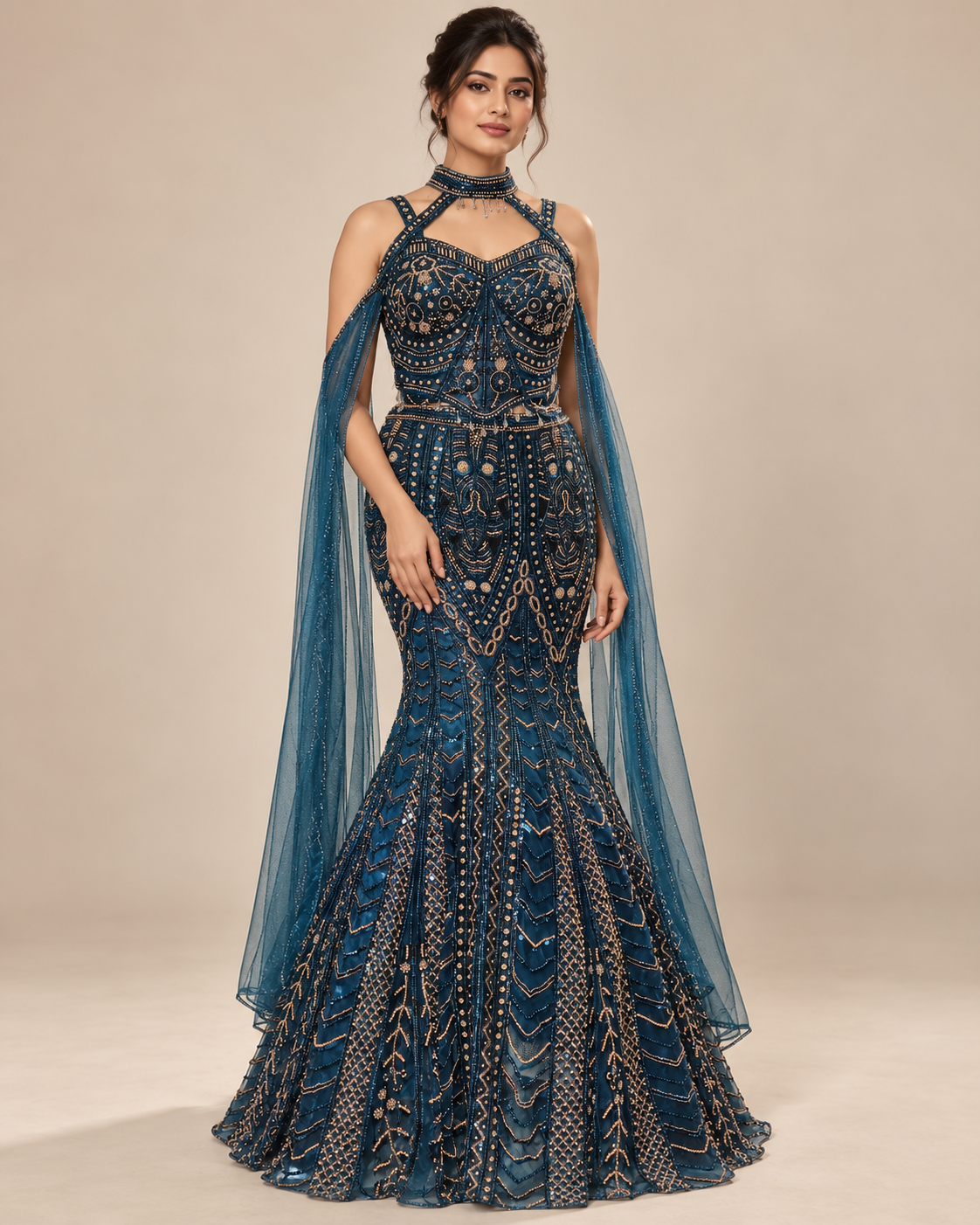 Royal Teal Blue Embroidered Mermaid Gown