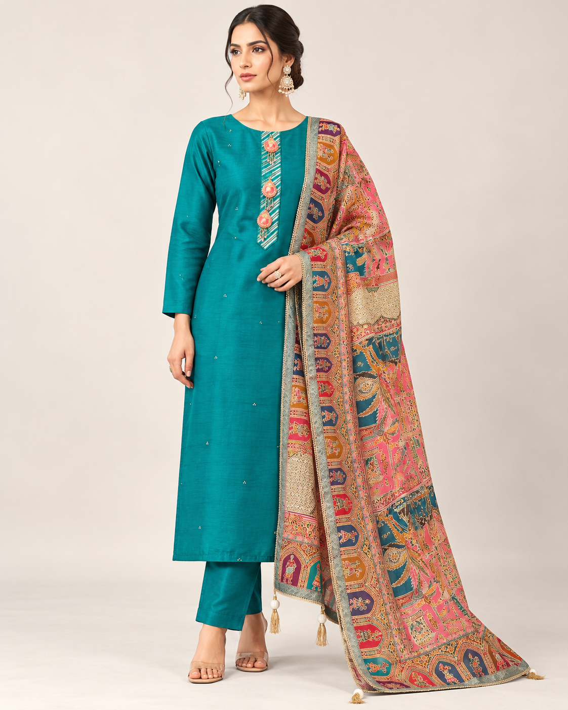 Elegant Teal Blue Printed Dupatta Kurta Set