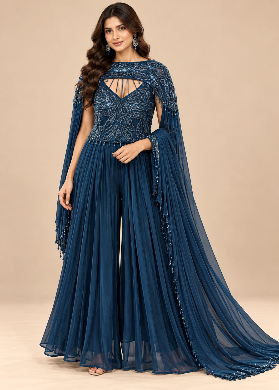 Navy Blue Embellished Palazzo Set with Cape Drape Main image