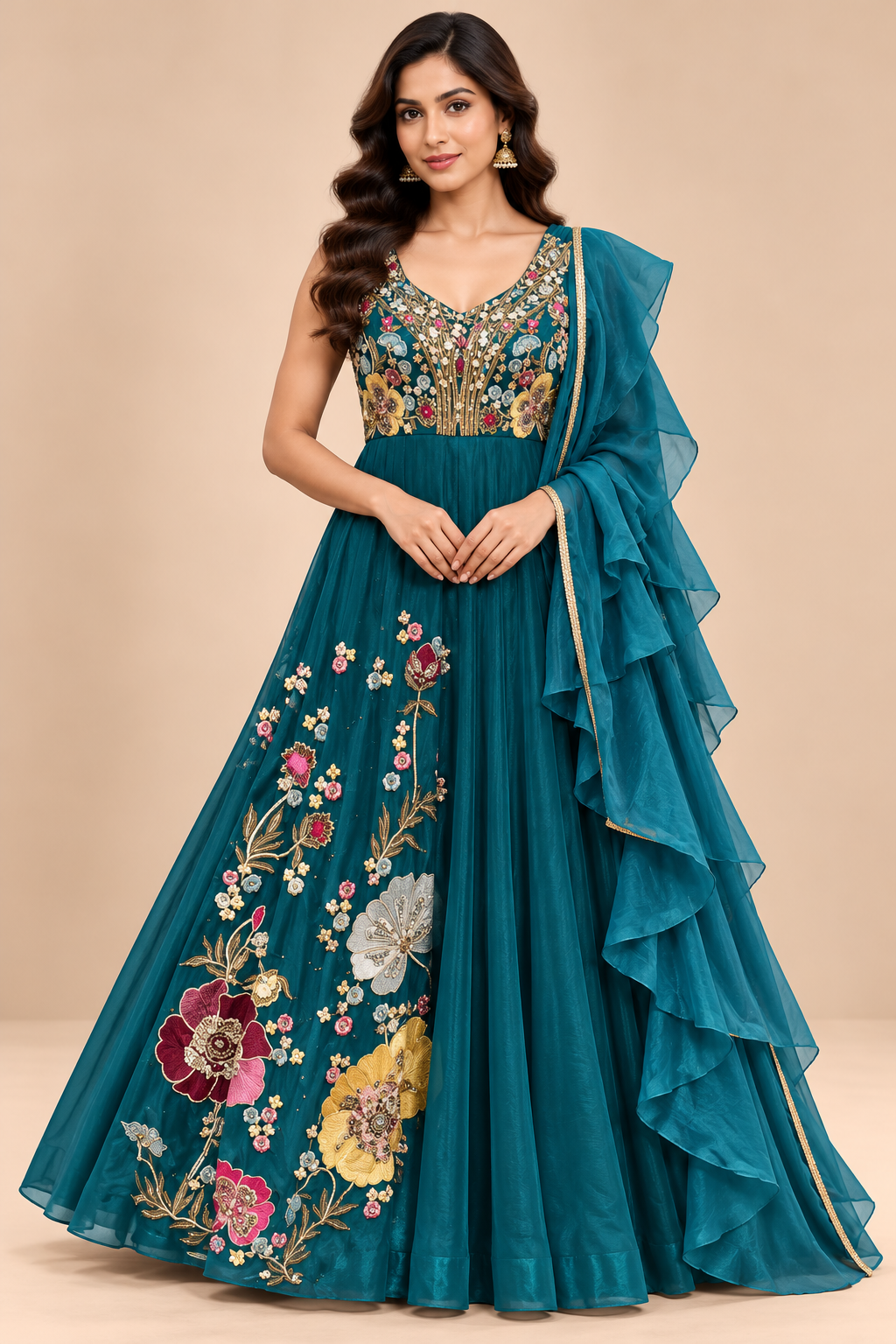 Elegant Teal Floral Embroidered Anarkali Gown Main image