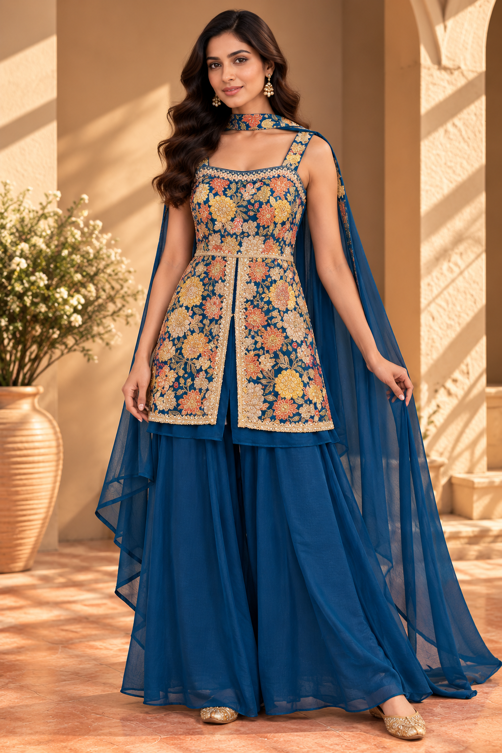Deep Teal Blue Embroidered Floral Cape Sharara Set Main image