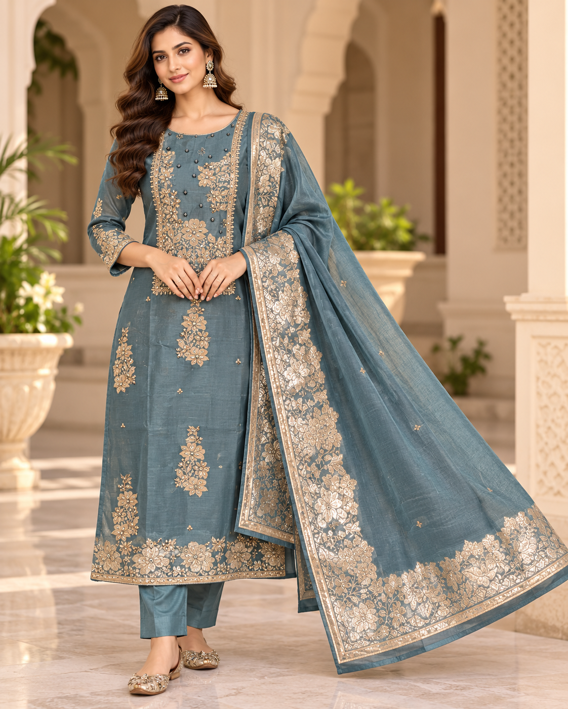 Teal Blue Embroidered Suit Fabric with Floral Border Dupatta Main image
