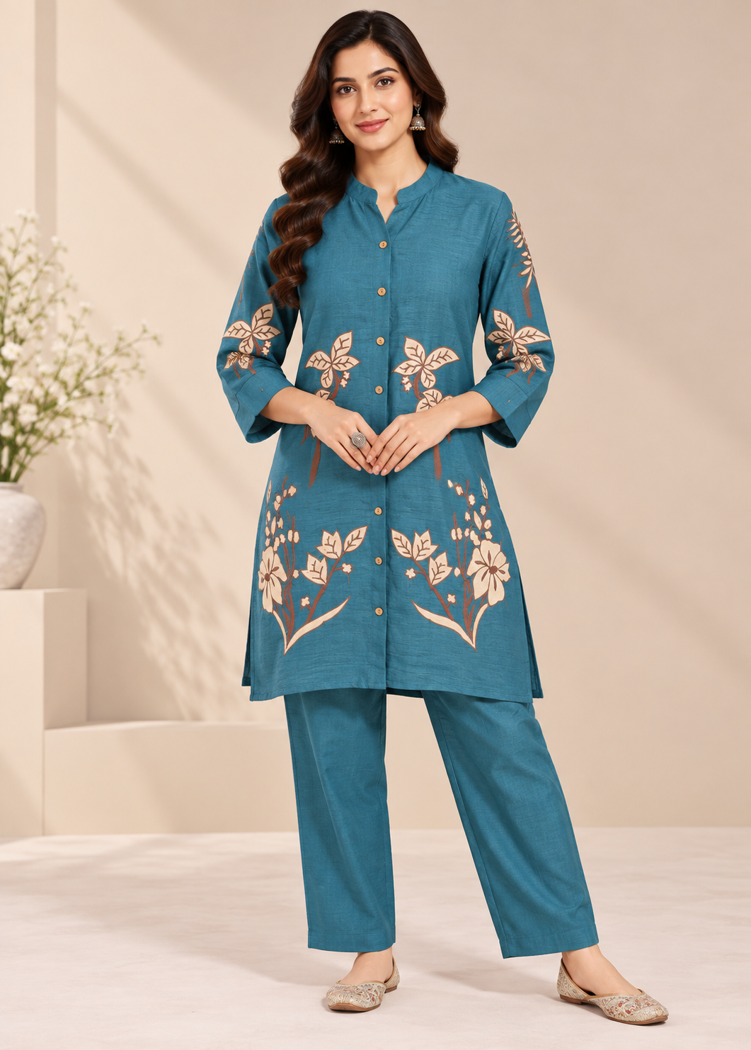 Teal Blue Botanical Embroidered Tunic Set Main image