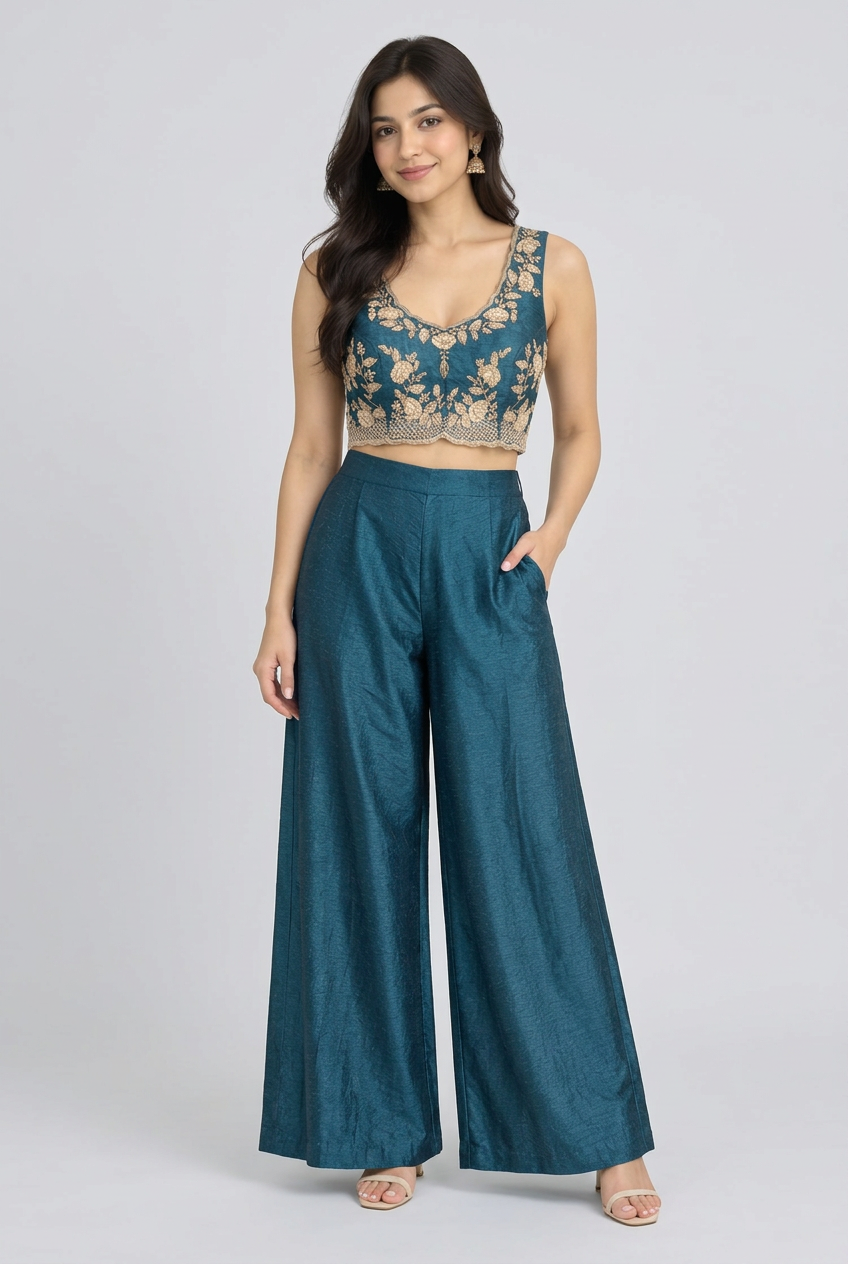 Teal Embroidered Palazzo Ensemble Main image