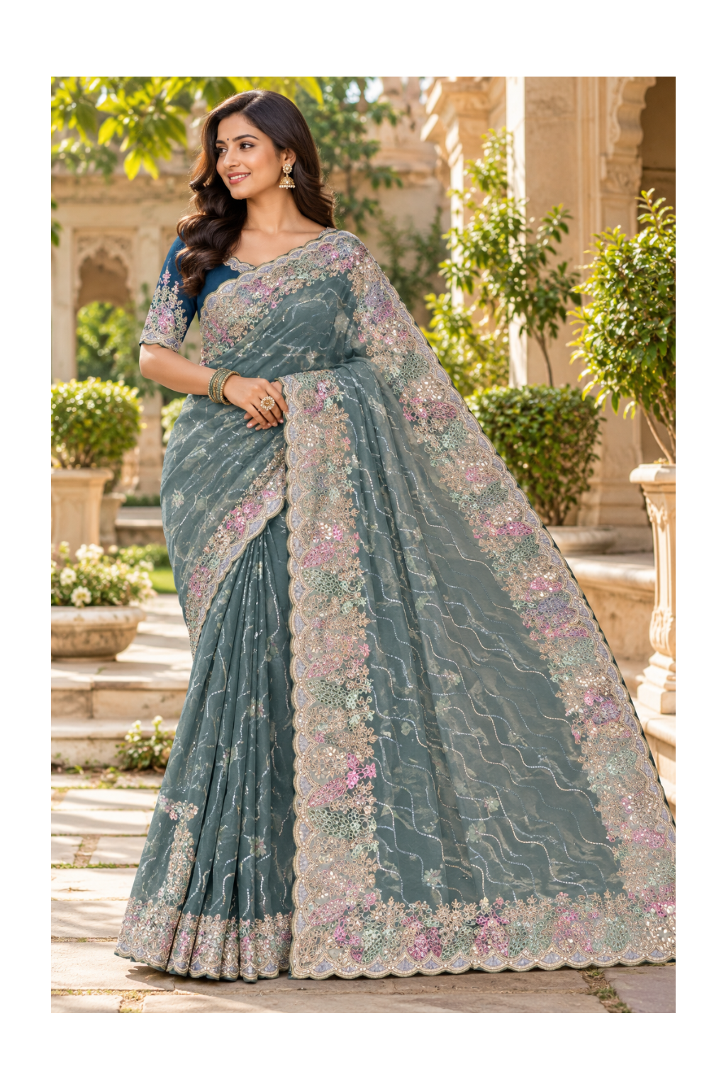 Dusty Teal Floral Embroidered Organza Saree