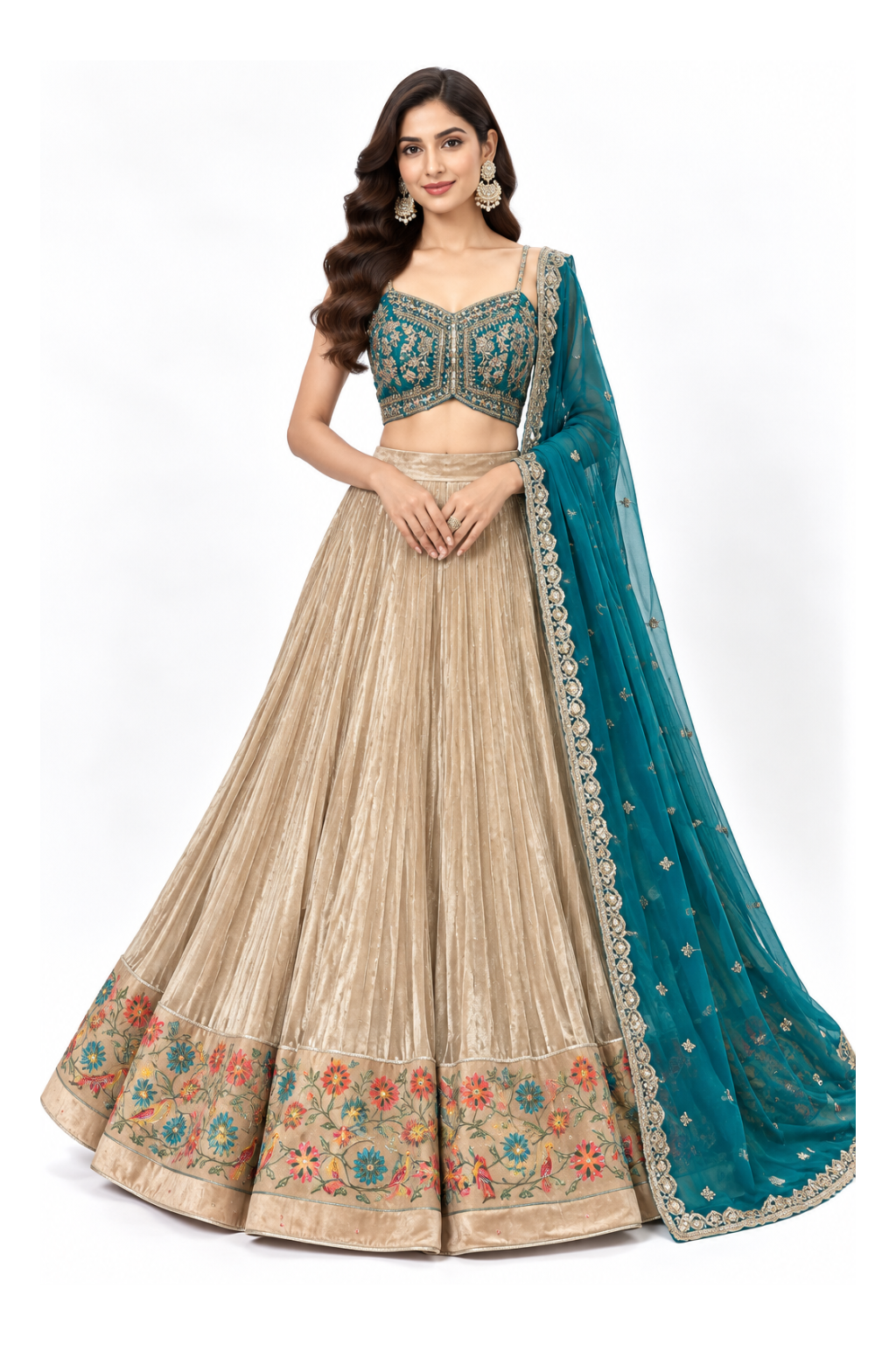 Teal Champagne Floral Border Lehenga Set