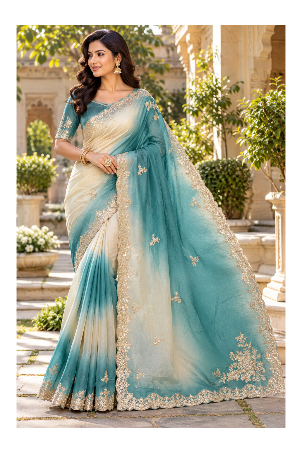 Teal and Cream Ombre Organza Saree