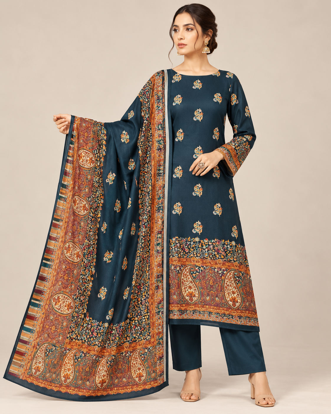 Elegant Teal Blue Paisley Printed Suit Set