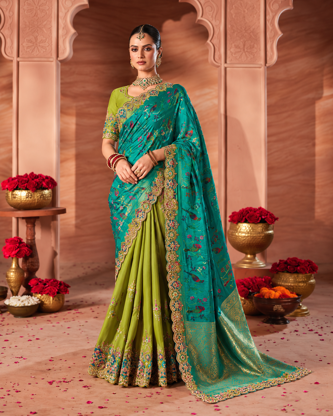 Peacock Teal Olive Silk Saree Main image