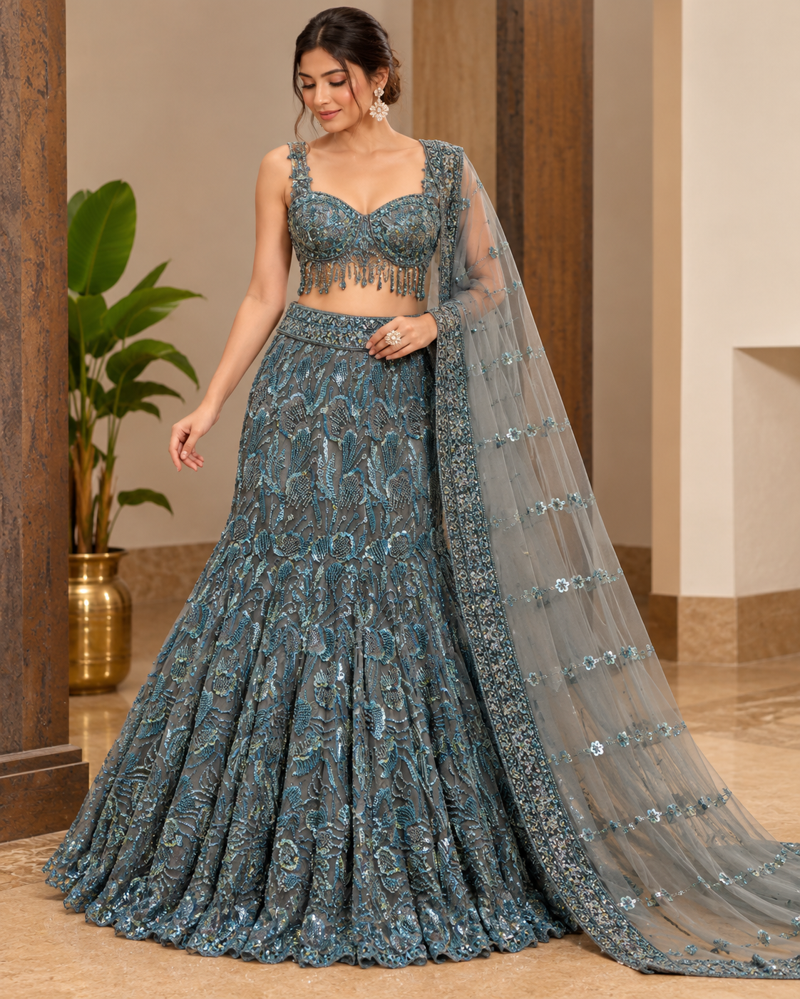 Teal Sequin Embellished Lehenga Set