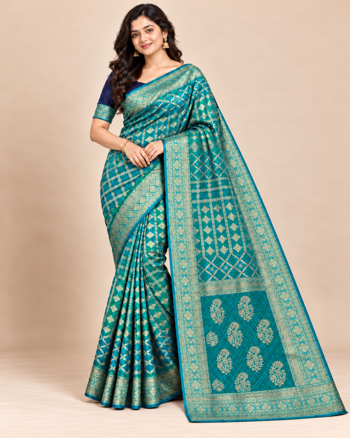 Teal Blue Silk-Look Saree with Golden Geometric Zari-Style Work