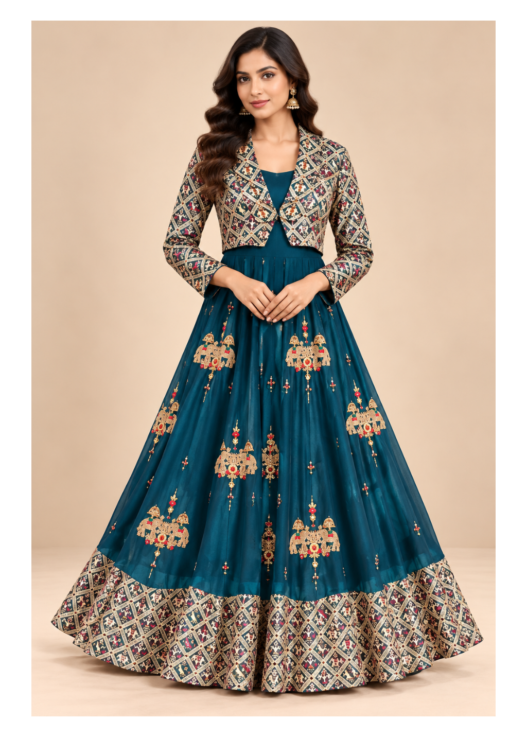 Royal Teal Heritage Jacket Style Anarkali