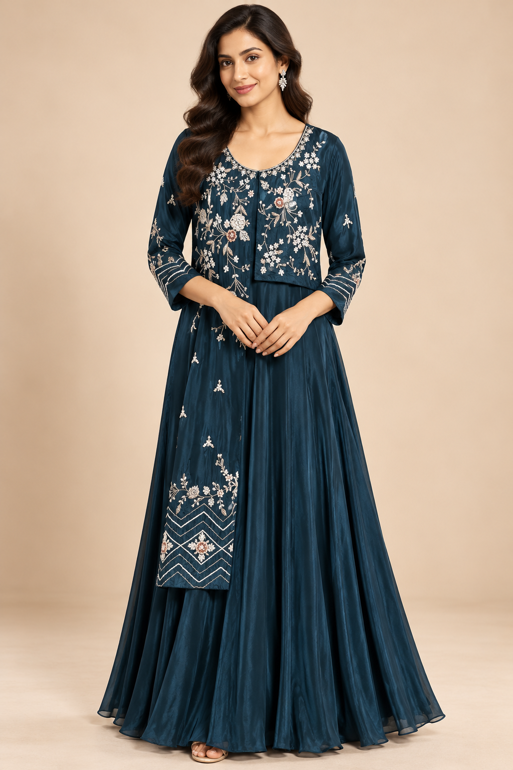 Elegant Teal Blue Floral Embroidered Anarkali Gown Main image