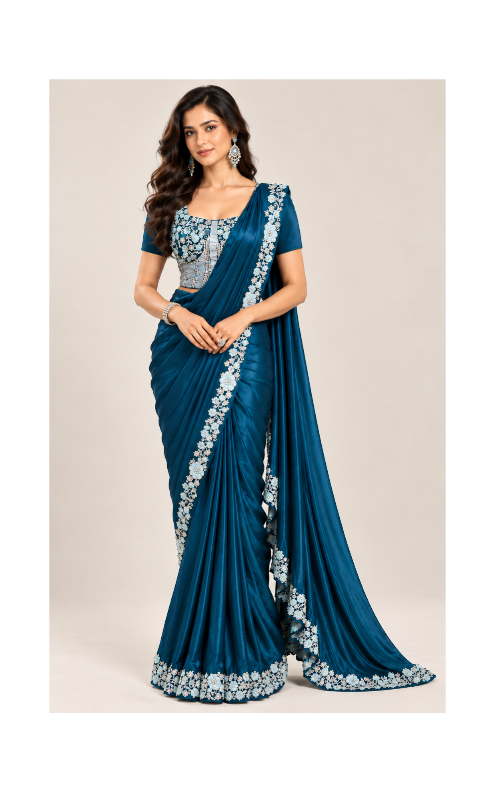 Teal Saree with Floral Embellished Border
