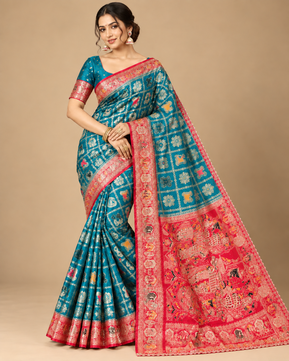 Teal Soft Saree with Contrast Red Pallu