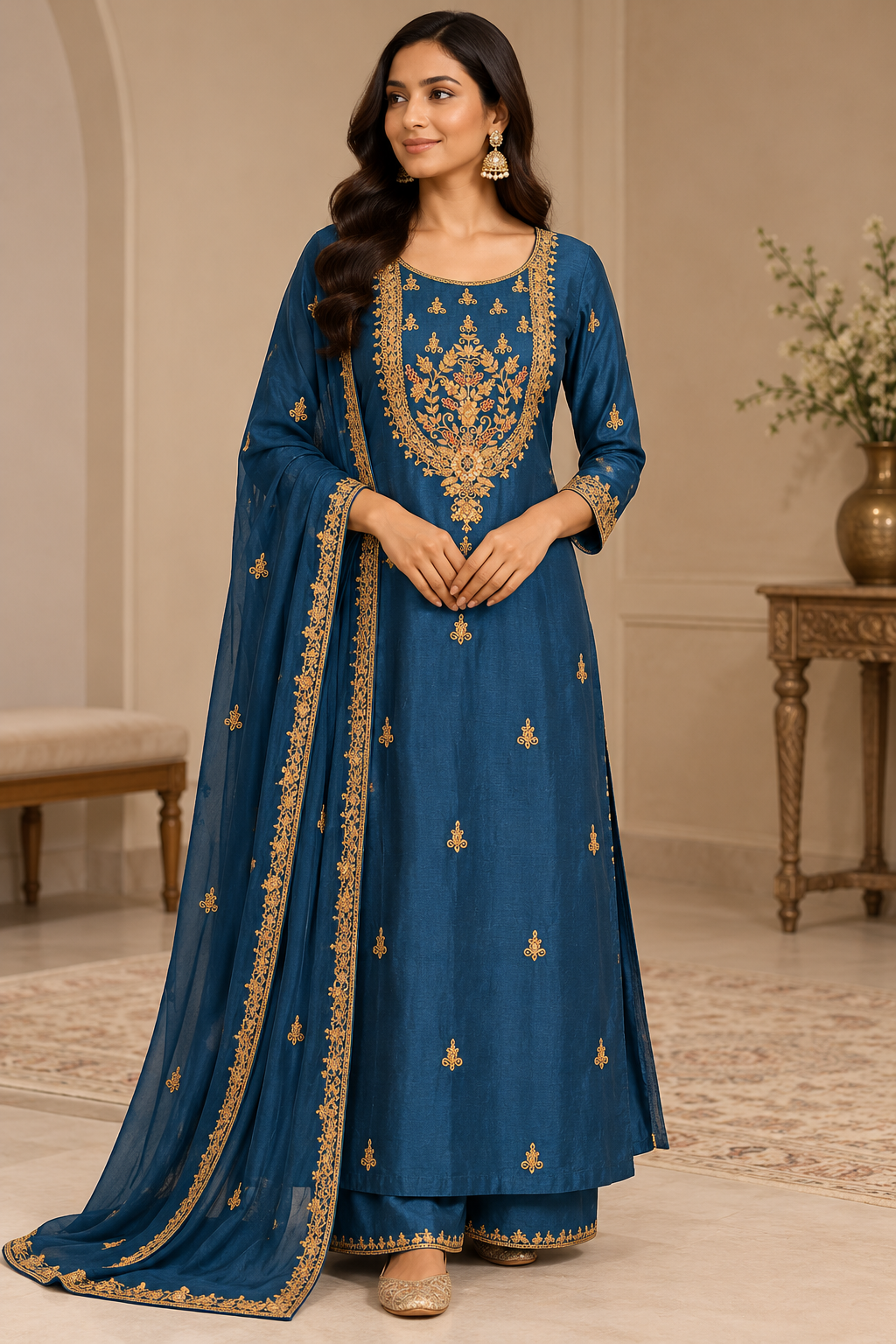 Teal Blue Gold Embroidered Suit Set Main image