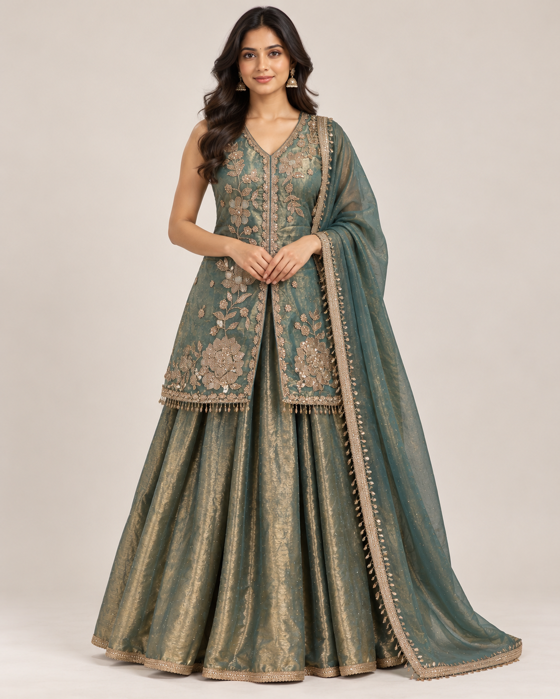 Teal Gold Lehenga Set