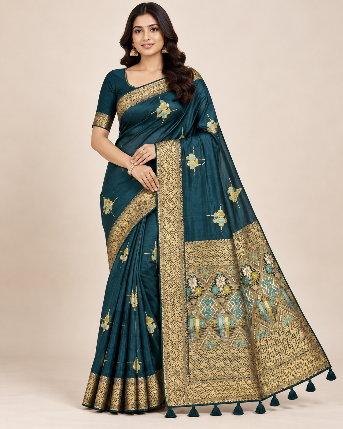 Peacock Blue Soft Fabric Saree with Golden Zari-Style Border Main image