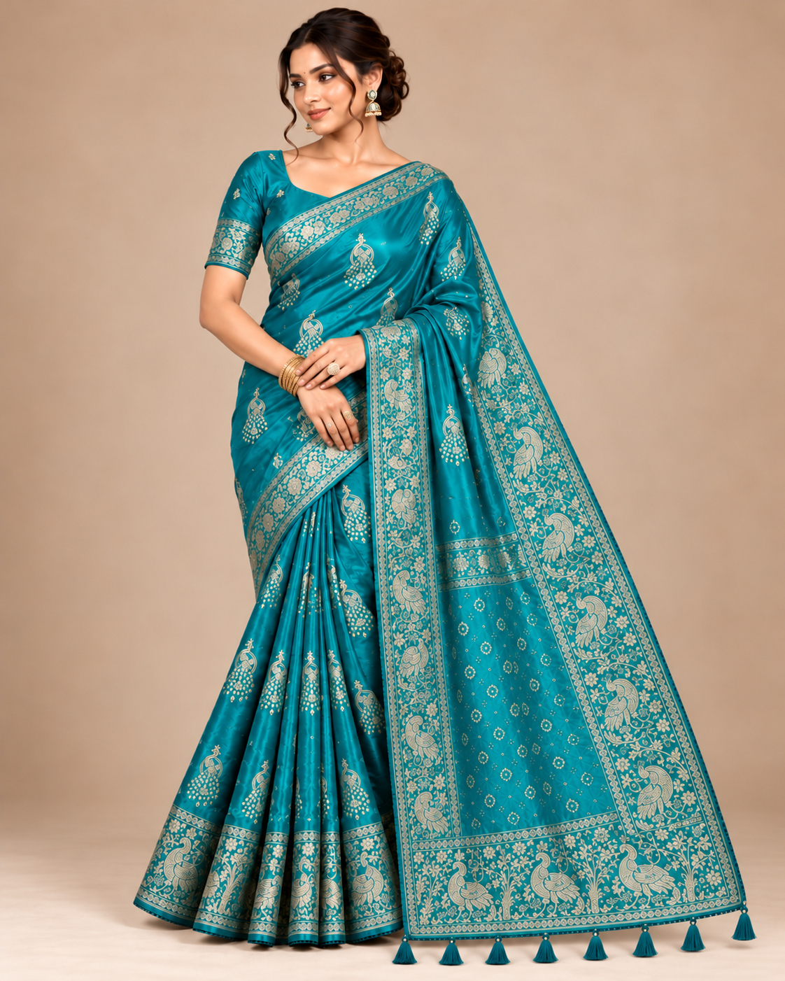 Radiant Teal Blue Silk Saree with Gold Peacock Motifs and Matching Blouse Main image