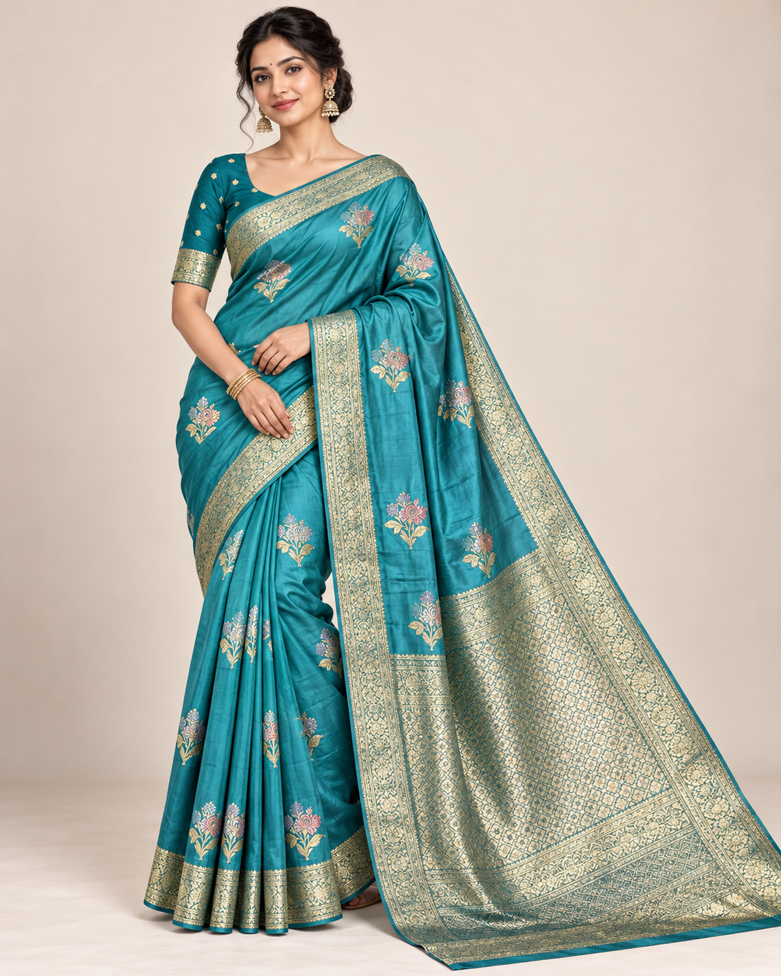 Teal Soft Silk Saree with Floral Motifs & Woven Pallu