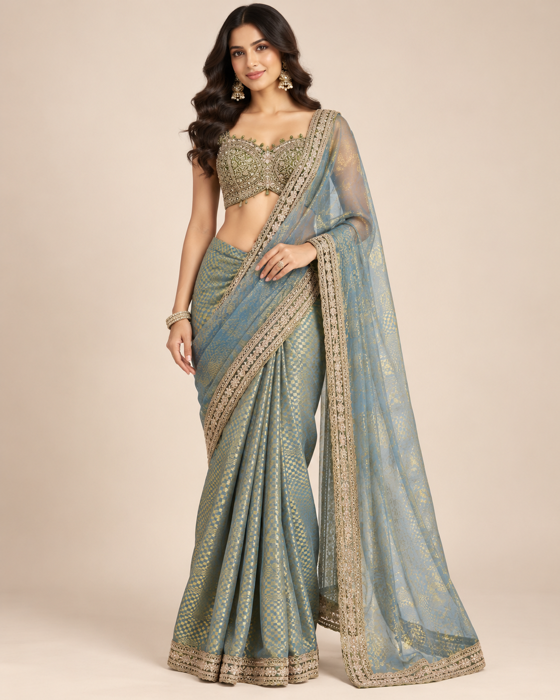 Elegant Teal Blue & Gold Designer Drape Saree with Embellished Blouse Main image