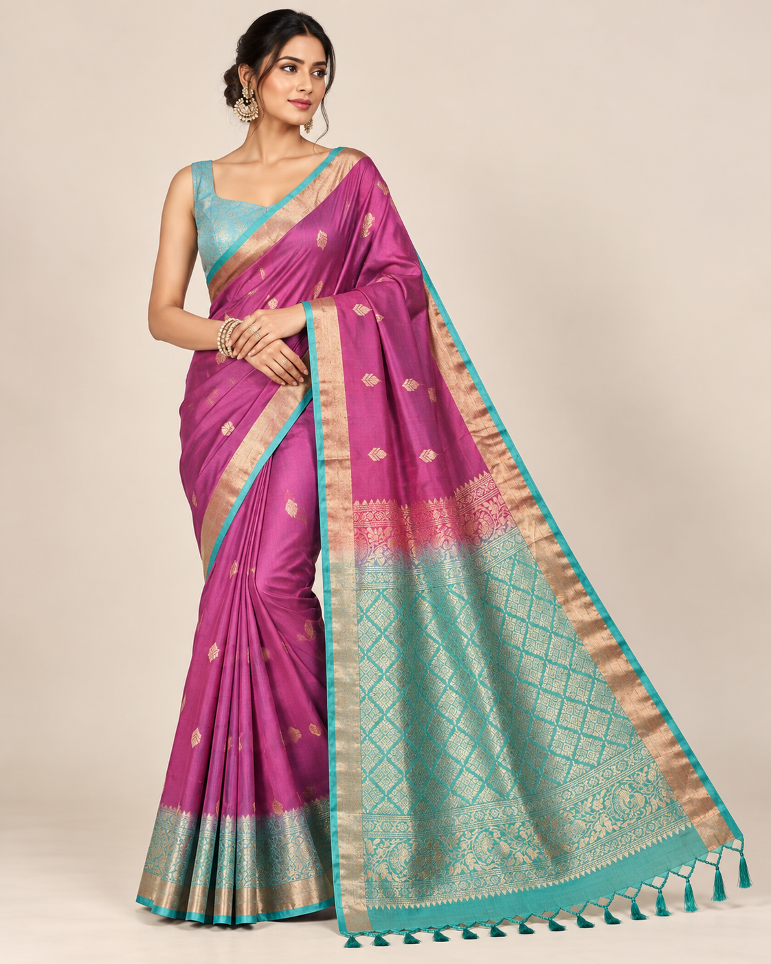 Magenta and Teal Banarasi Silk Saree