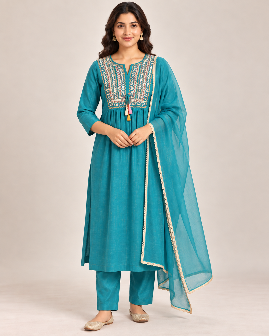 Teal Embroidered Kurti Pant Set with Dupatta Main image