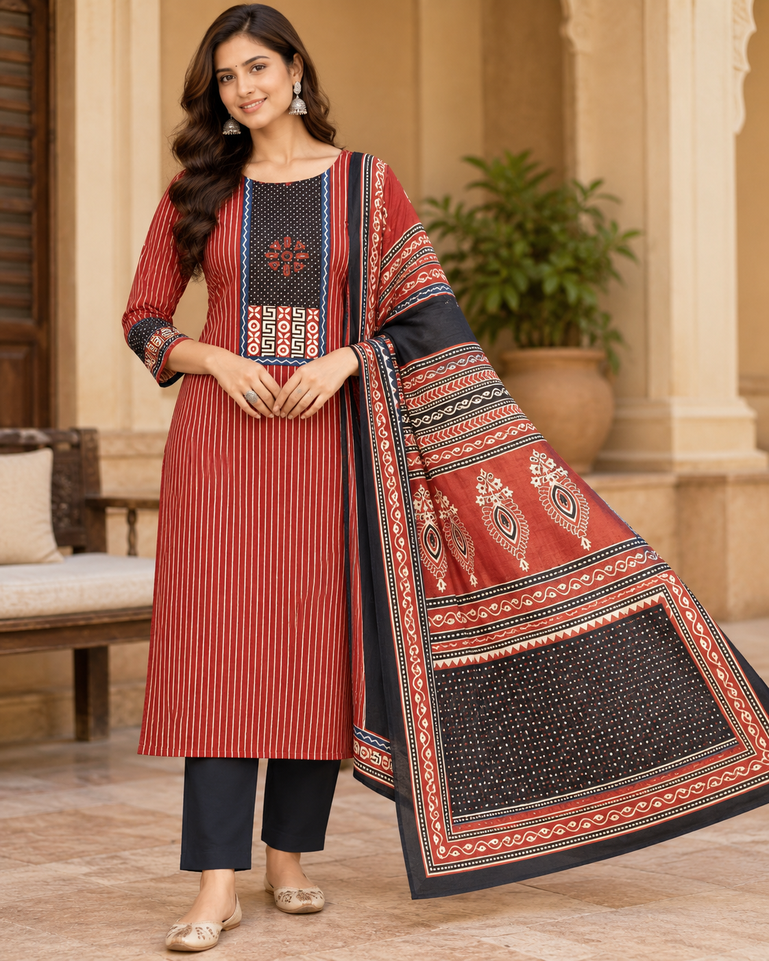 Rust Red Striped Printed with Traditional Dupatta