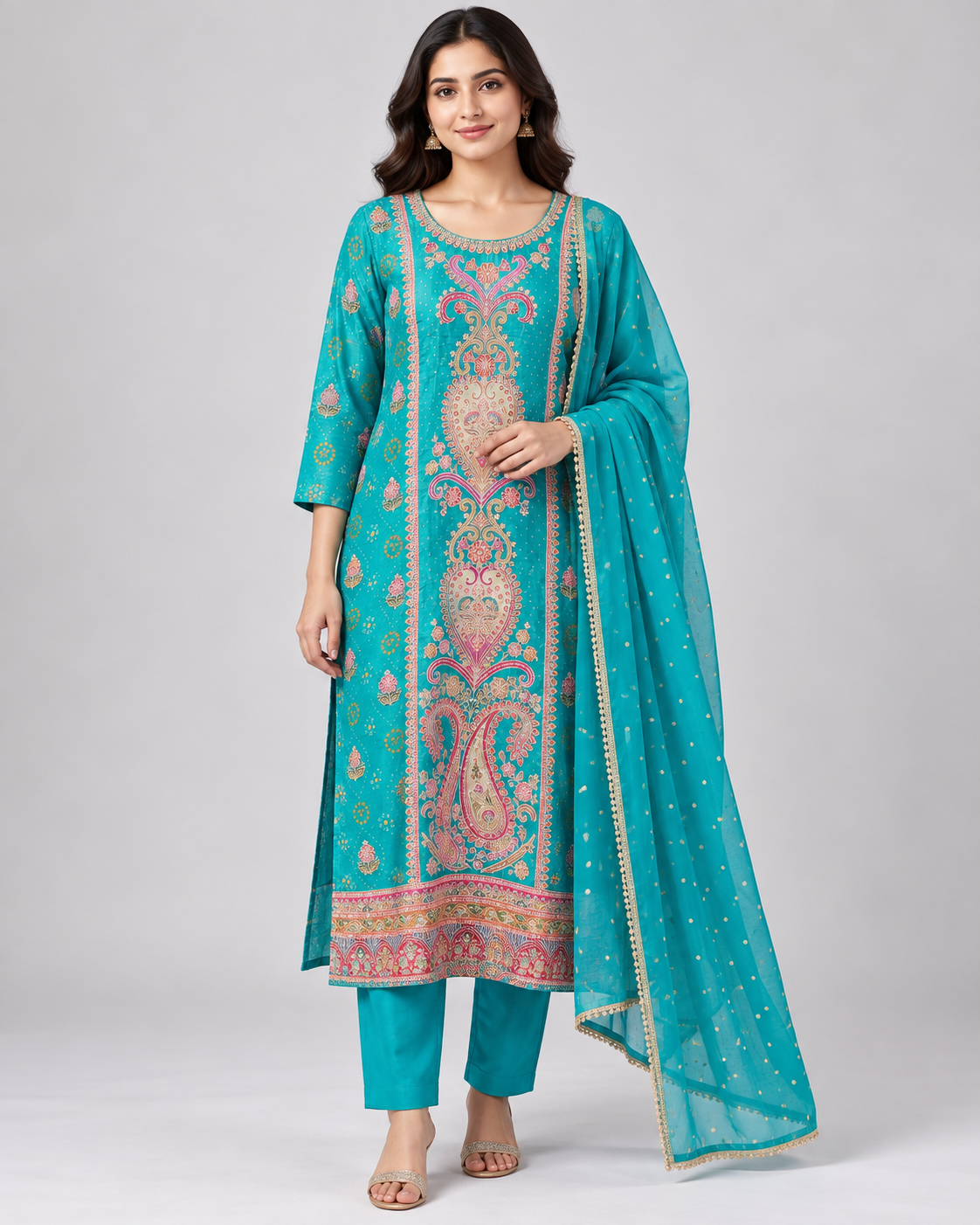 Turquoise Paisley Kurti Pant Set with Dupatta