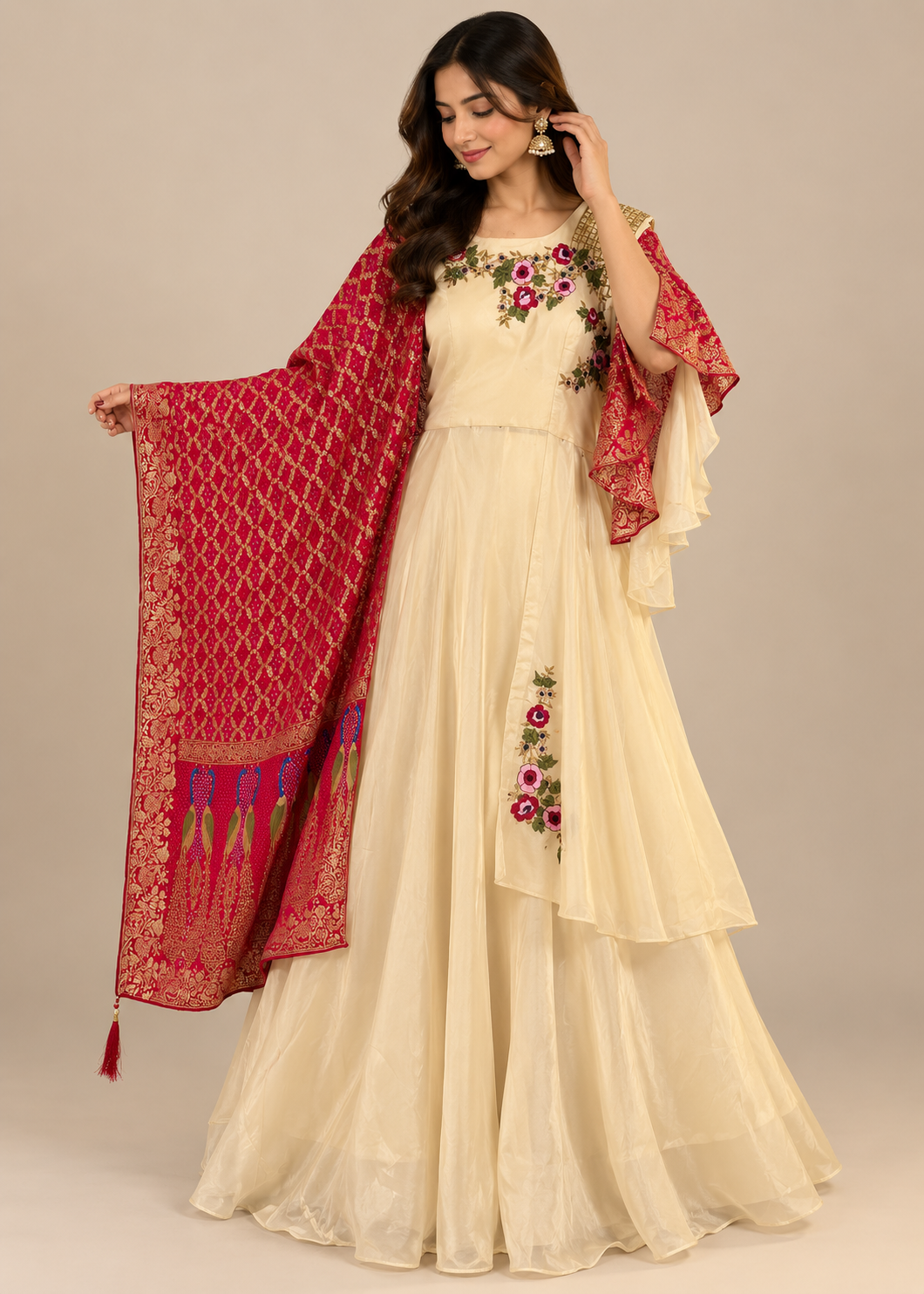 Cream Embroidered Anarkali Kurti with Bandhani Dupatta