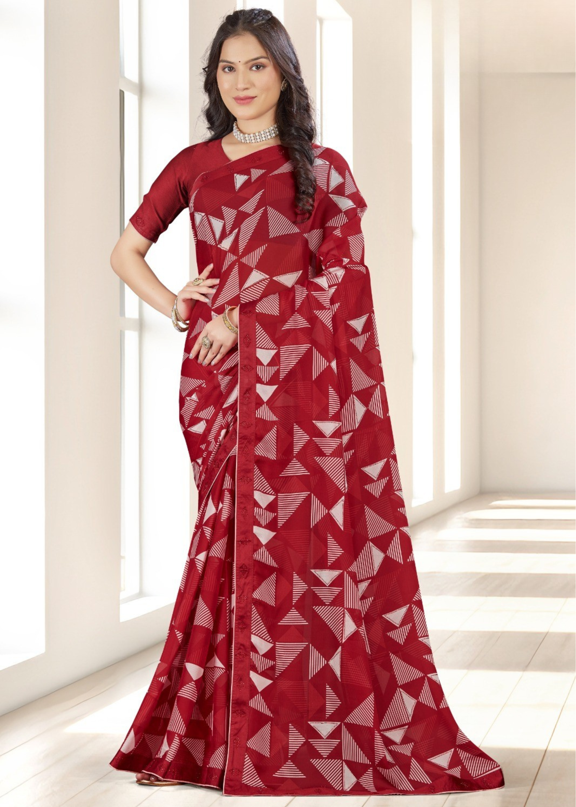 Maroon Geometric Print Georgette Saree