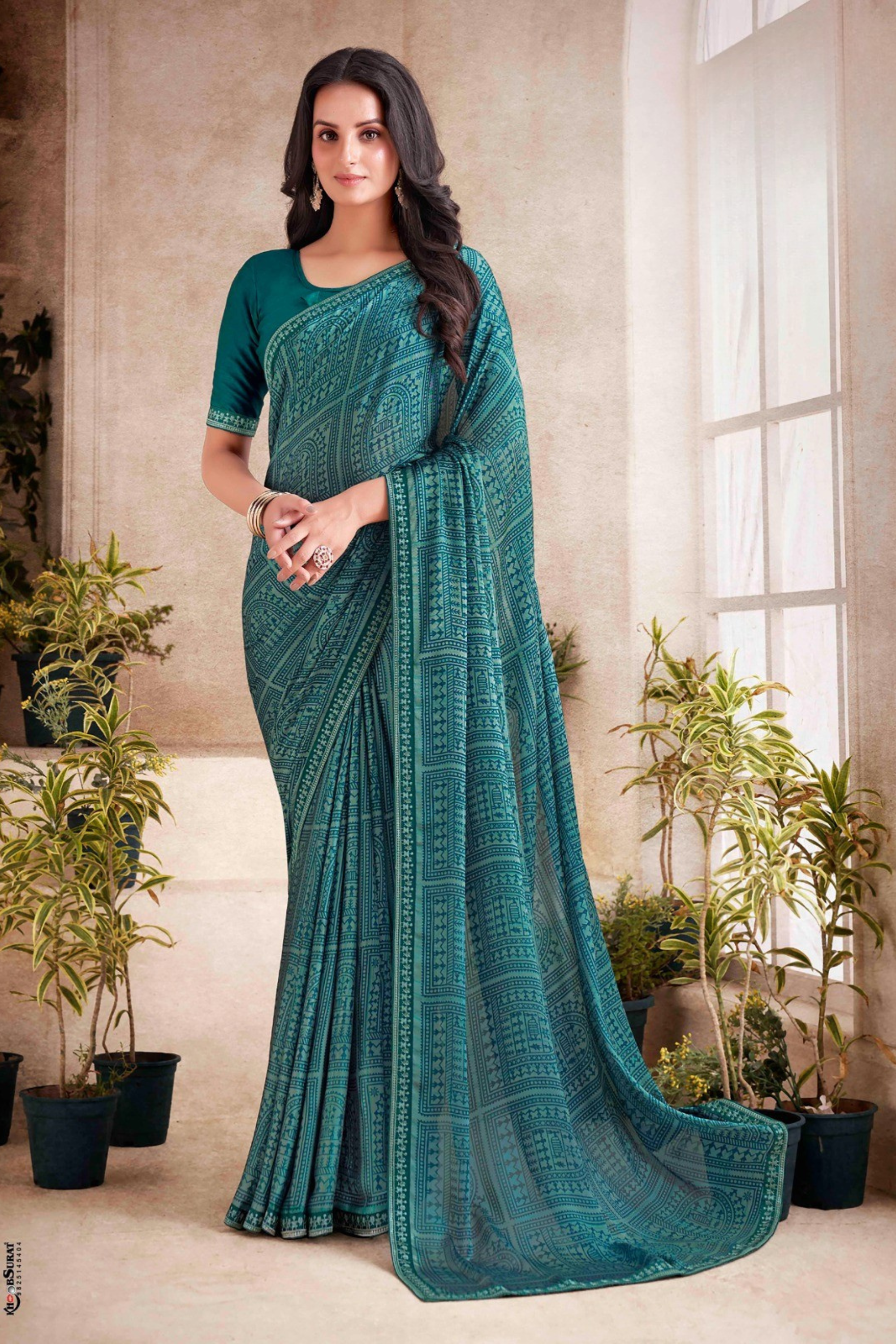 Teal Blue Bandhani Print Georgette Saree