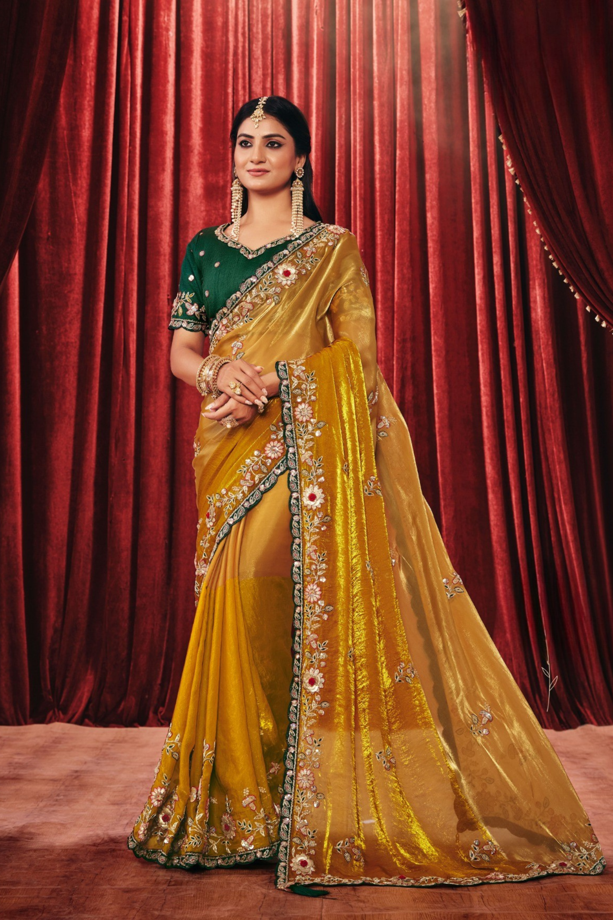 Mustard Gold Dual-Tone Tissue Silk Saree