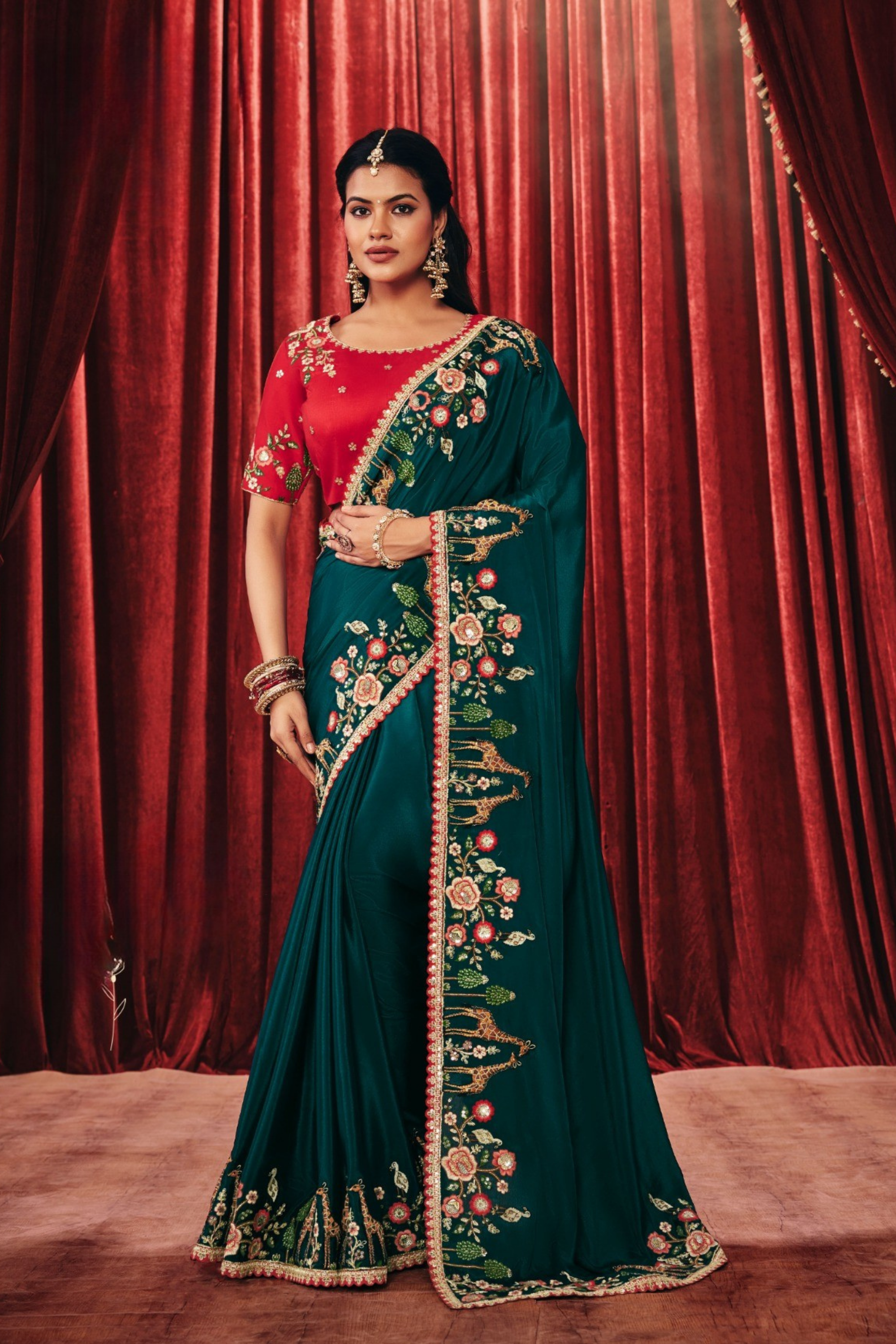 Emerald Green Embroidered Satin Silk Saree Main image
