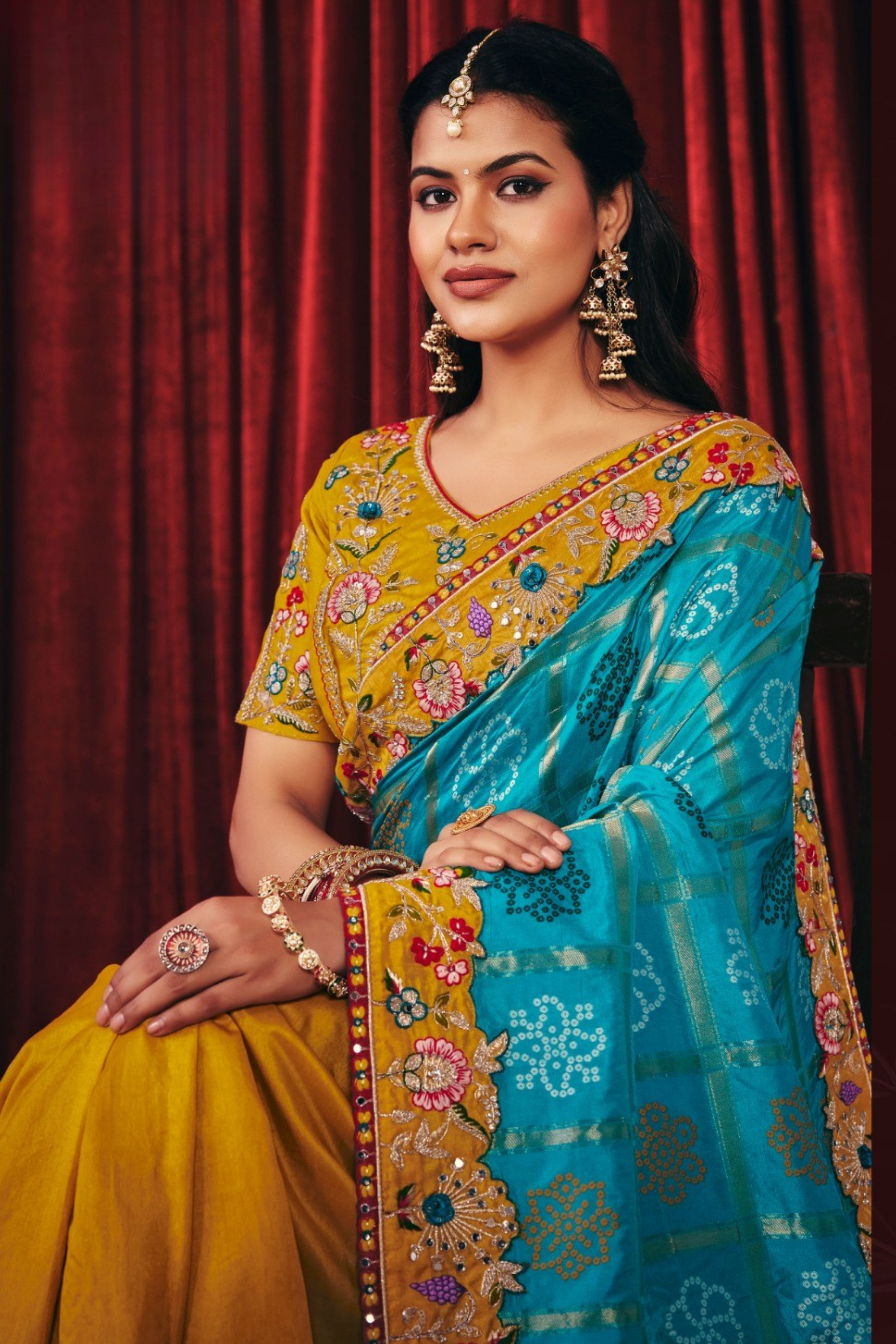 Turquoise Blue & Mustard Silk Saree Secondary image